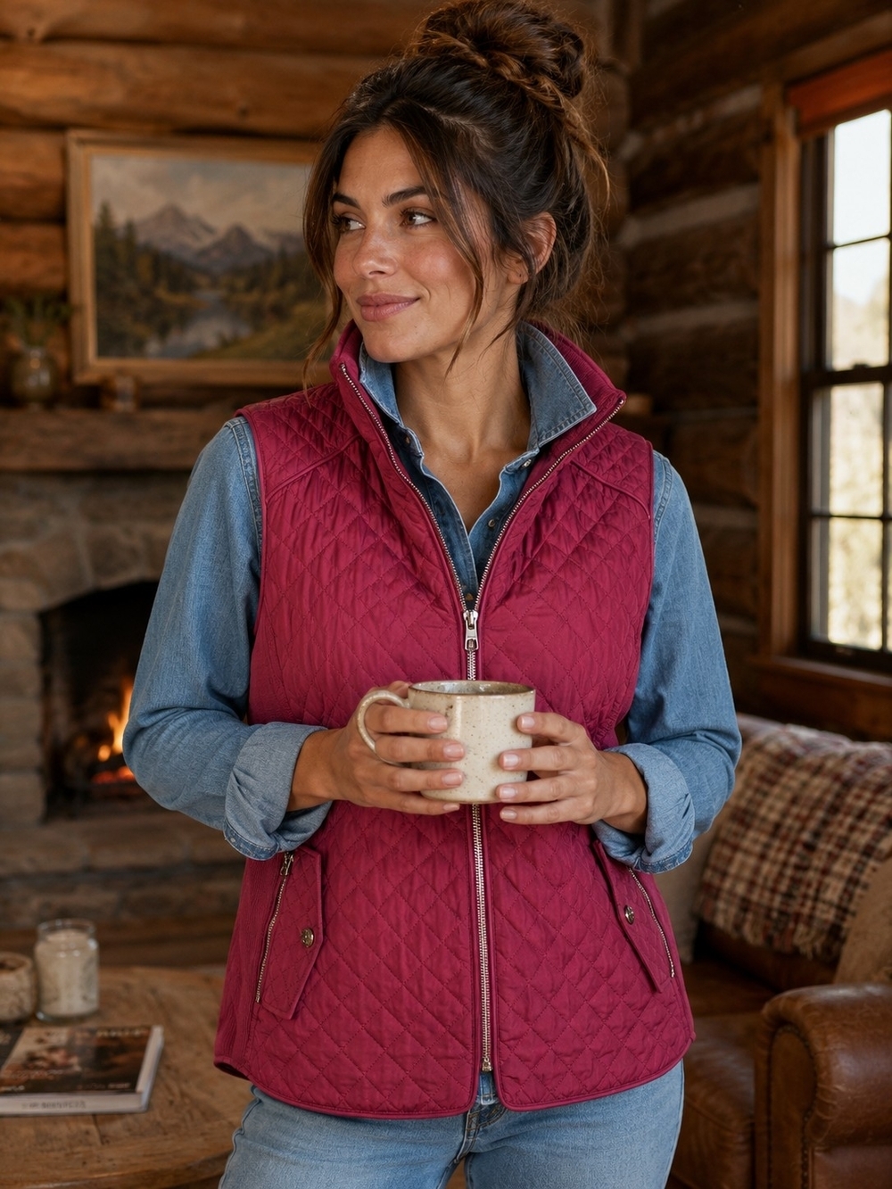 Chico's Quilted Sleeveless Vest in Deep Berry